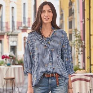 Sundance Seaside Gardens Floral Embroidered Blue Plaid Ruffle Trim